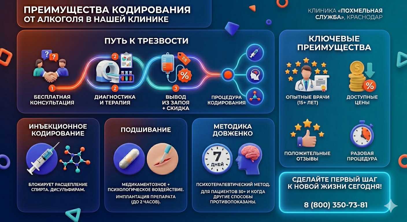 Инфографика о методах кодирования от алкоголя в Таре: инъекции, подшивание, метод Довженко. Преимущества клиники и этапы лечения.