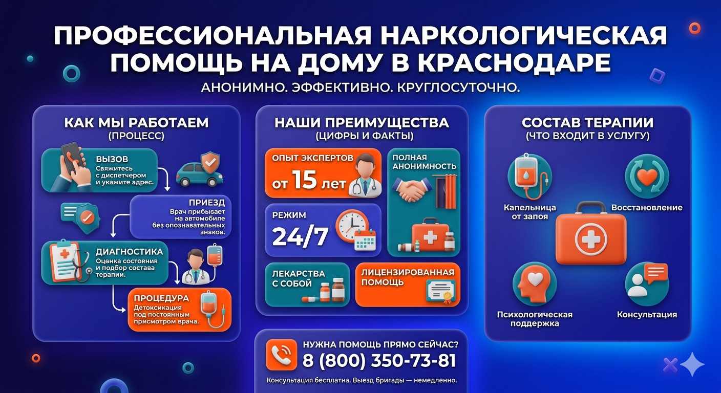 Инфографика о принципах лечения алкоголизма на дому в Таре: этапы вызова нарколога, преимущества анонимной детоксикации и состав медицинской помощи.